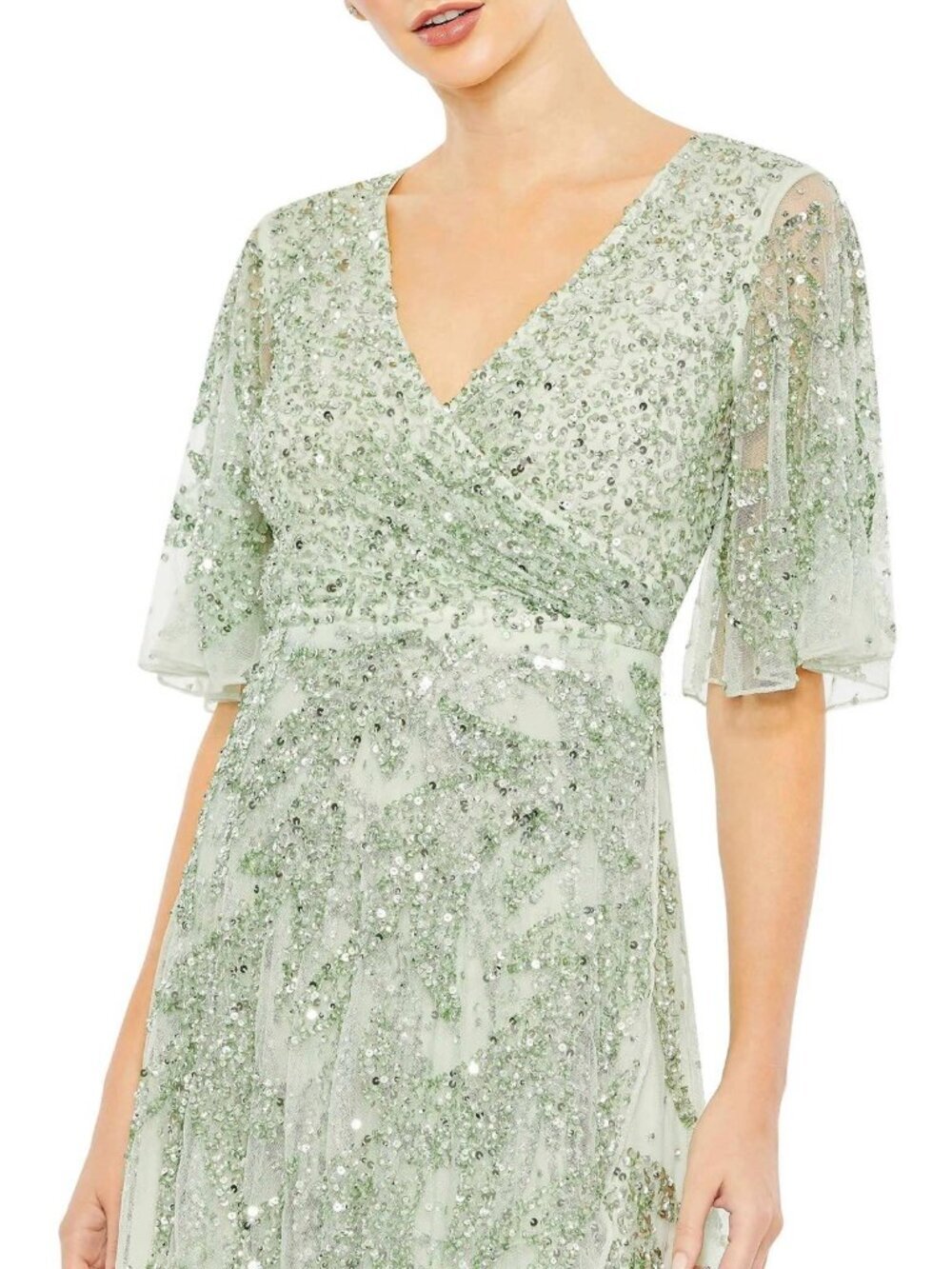 Mac Duggal Size 16 Sage Green 93681 Gown Sequined Butterfly Sleeve Cocktail NWT - Picture 3 of 12
